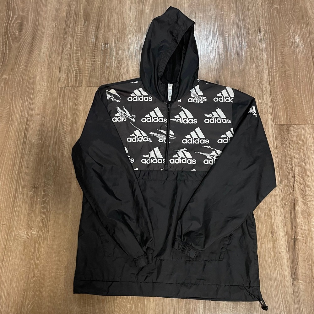 Adidas Mens Windbreaker Jacket Small Black Polyester Logo Print Half Zip Hooded